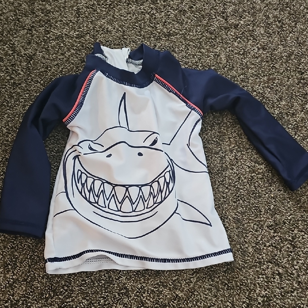Shark Print Kids Rash Guard Swim Shirt - Navy and White